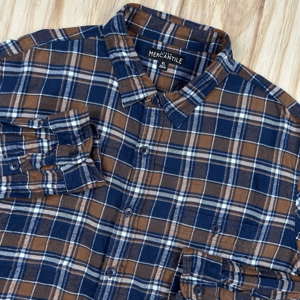 J.Crew Mercantile Men's XL Blue Brown Plaid Flannel Shirt Rustic Heritage Casual